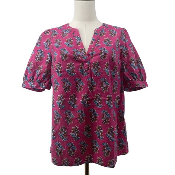 J.Crew Pink Floral Block Print Short Sleeve Puff Blouse Womens Size L - Picture 1 of 4